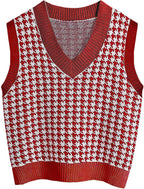 Women's Sleeveless Knit Vest with Modern Houndstooth Pattern