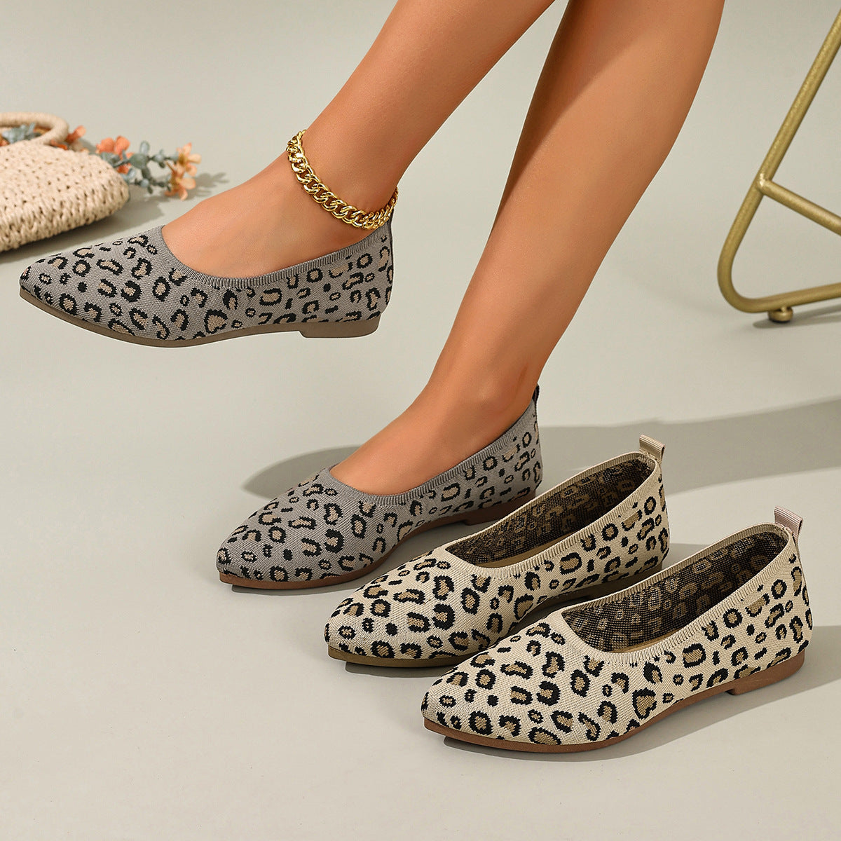 Women's Ballet Flats with Leopard Print and Soft Footbed