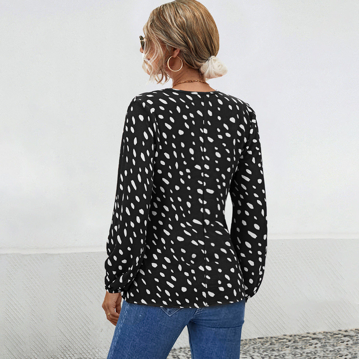 Women's V-Neck Blouse with Modern Polka Dot Design