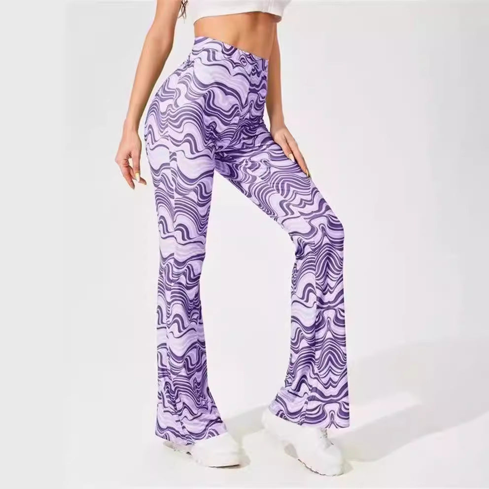Women's High-Waisted Trousers with Modern Wave Pattern