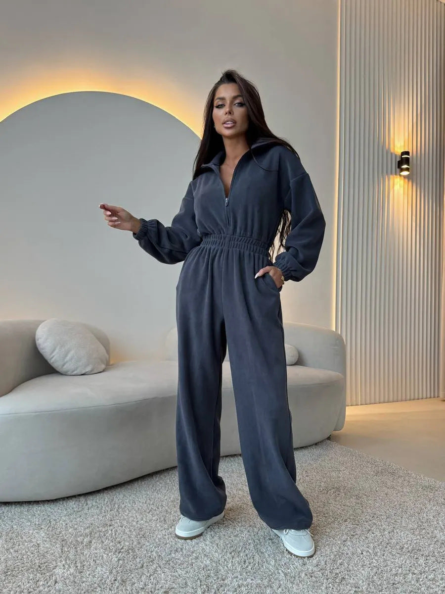 Elegant Jumpsuit with Short Zipper and Elastic Waistband