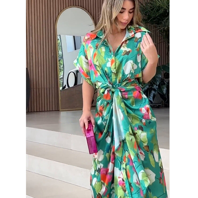 Women's Airy Caftan with Floral Design and Decorative Knot