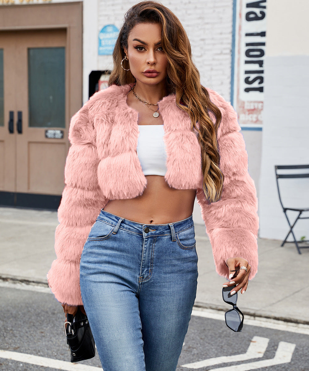 Women's Fluffy Faux Fur Short Coat with Puff Sleeves