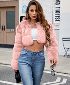 Women's Fluffy Faux Fur Short Coat with Puff Sleeves