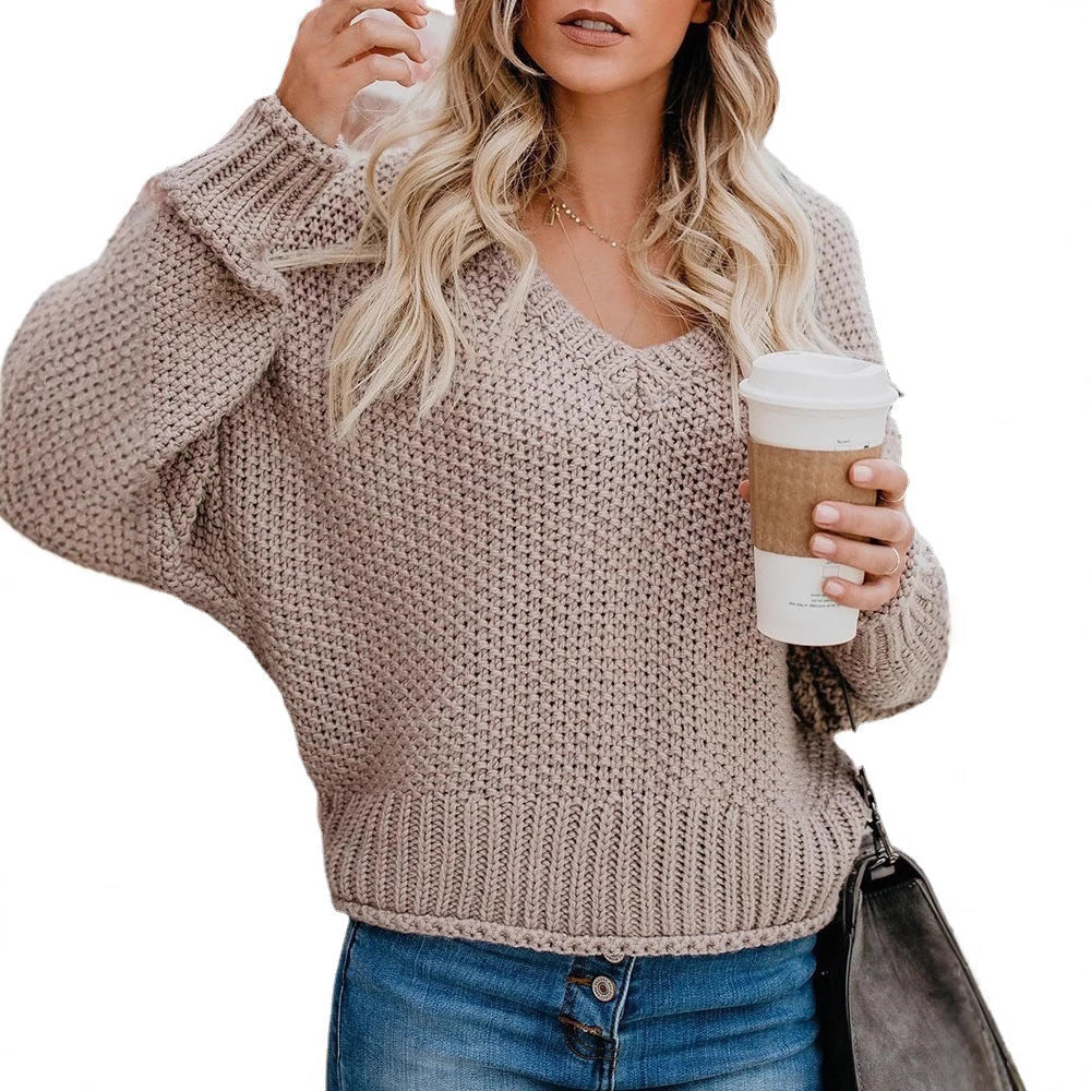 Women's Chunky Knit Sweater with V-Neck and Relaxed Fit