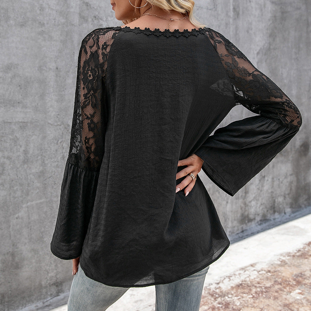Women's Blouse with Sheer Lace Sleeves and V-Neck