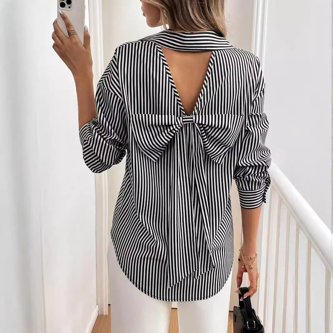 Women's Long Sleeve Striped Blouse with Back Detail