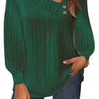 Women's Casual Blouse with Asymmetric Collar and Decorative Buttons