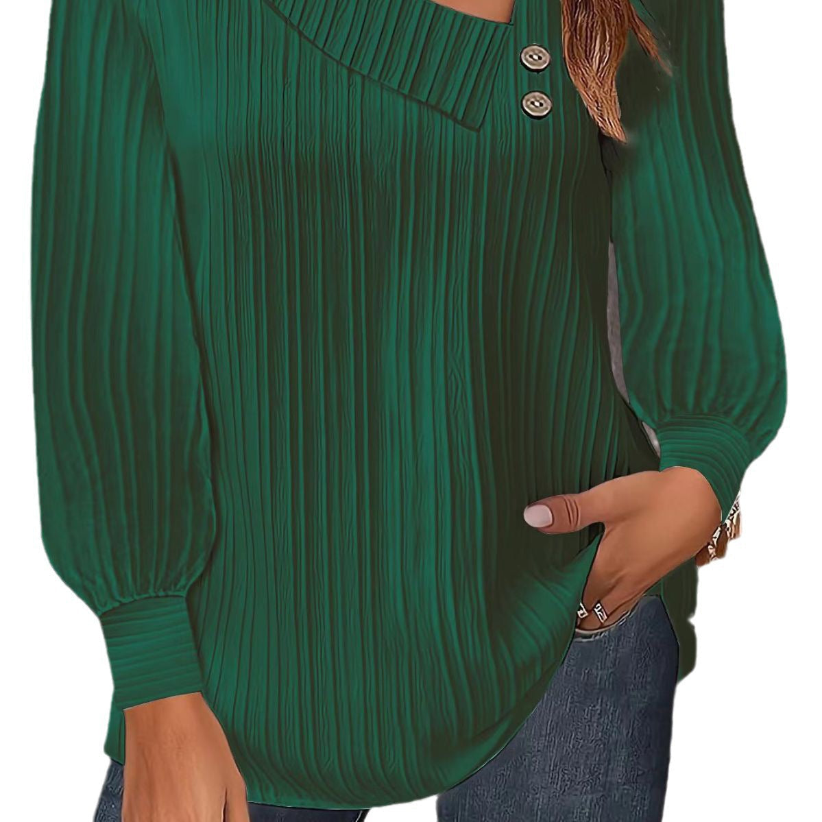 Women's Casual Blouse with Asymmetric Collar and Decorative Buttons
