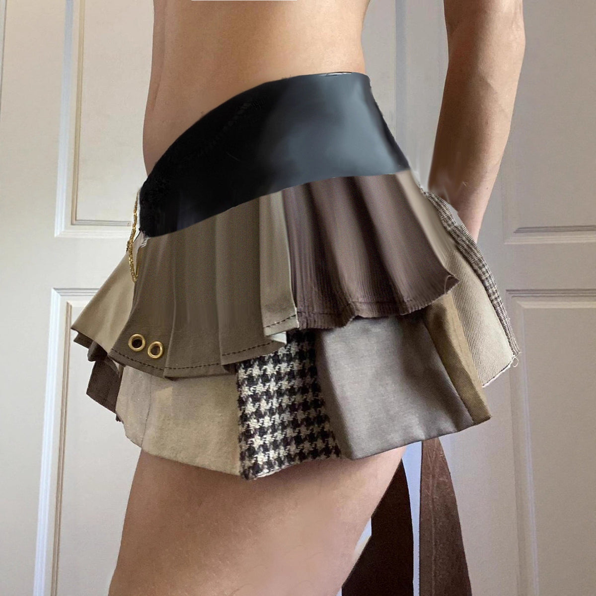 Women's Fashionable Mini Skirt with Mixed Fabric Layers and Ruffles