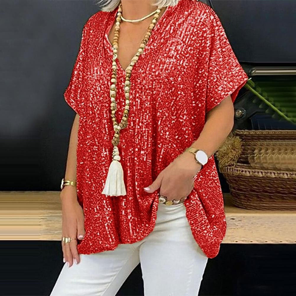 Women's Glamorous Sequin Tunic Shirt with V-Neck
