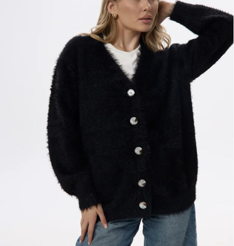 Women's Fluffy Cardigan with Pearl Buttons and Loose Fit