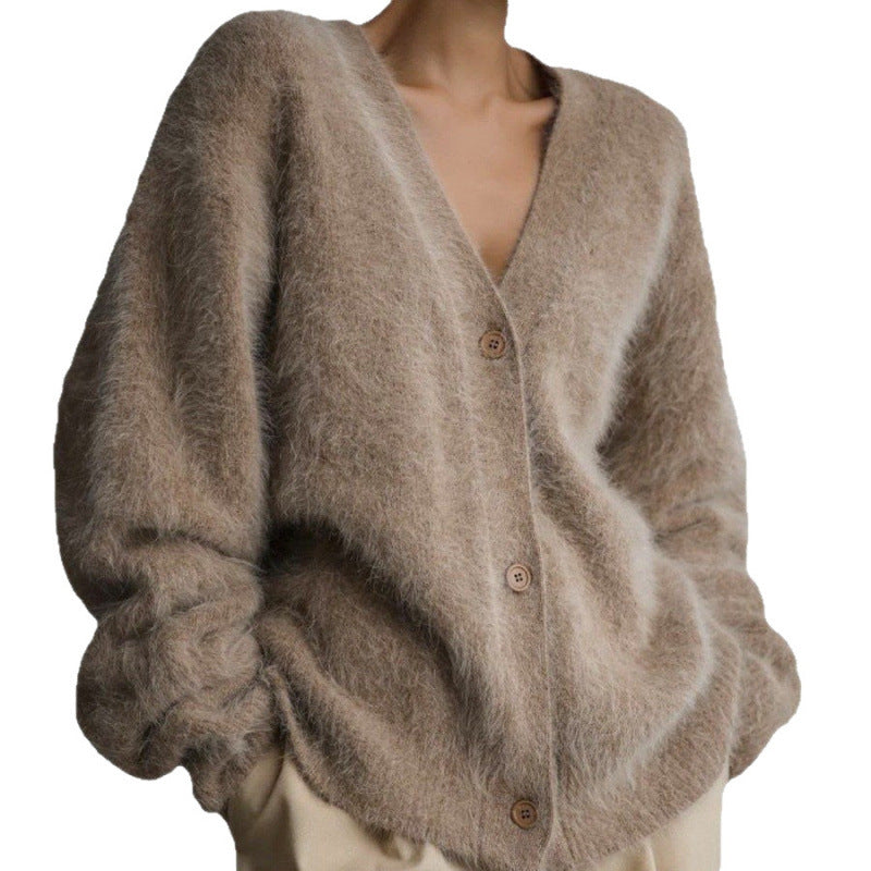 Women's Fluffy Cardigan with V-Neck and Oversized Cut