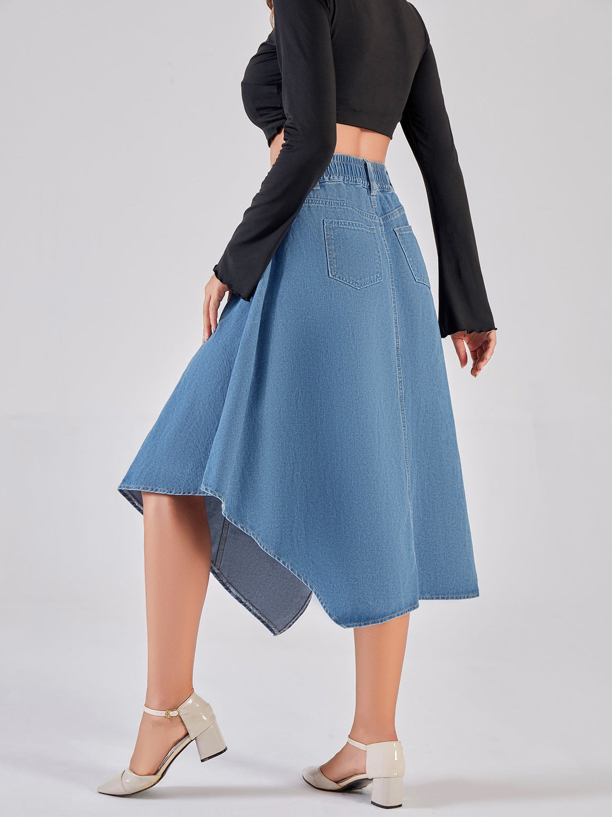 Women's Asymmetrical Denim Skirt with Attractive Hem Design