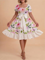 Women's A-Line Dress with Floral Motifs and Adjustable Belt