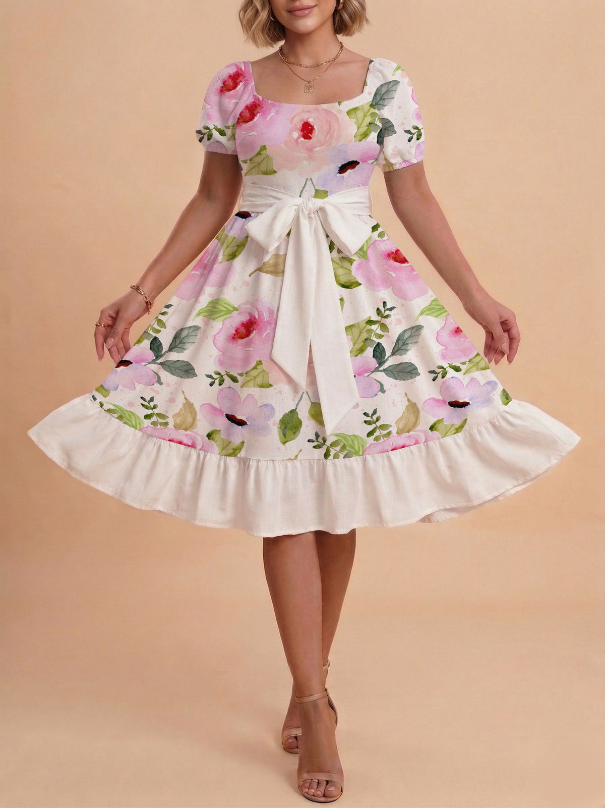 Women's A-Line Dress with Floral Motifs and Adjustable Belt