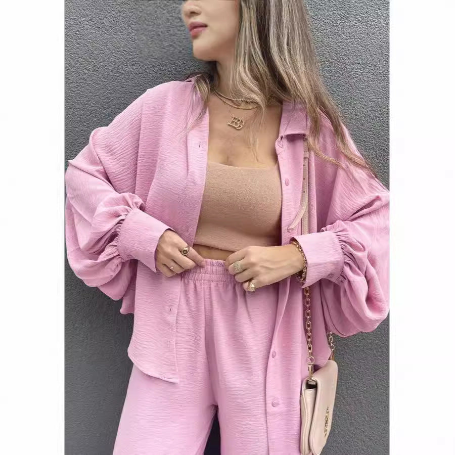 Women's Casual Two-Piece Set with Airy Blouse and Wide-Leg Pants