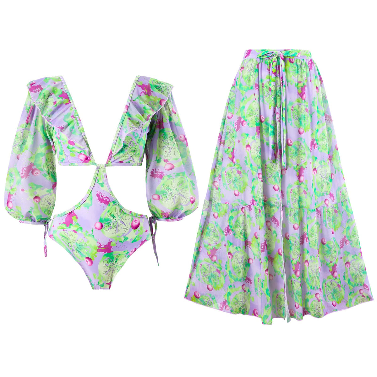 Women's Swimsuit Set with Voluminous Sleeves and Fashionable Wrap Skirt