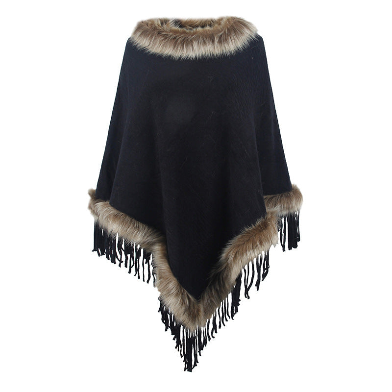 Women's Elegant Poncho with Faux Fur Collar and Fringe