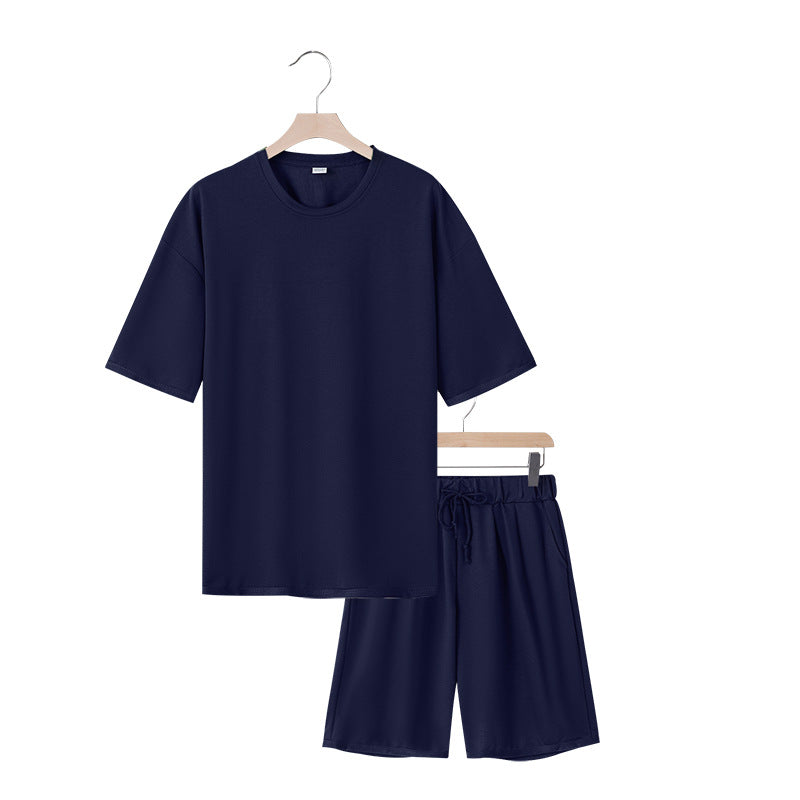 Men's relaxed jersey set with extended round neck t-shirt and elastic drawstring shorts