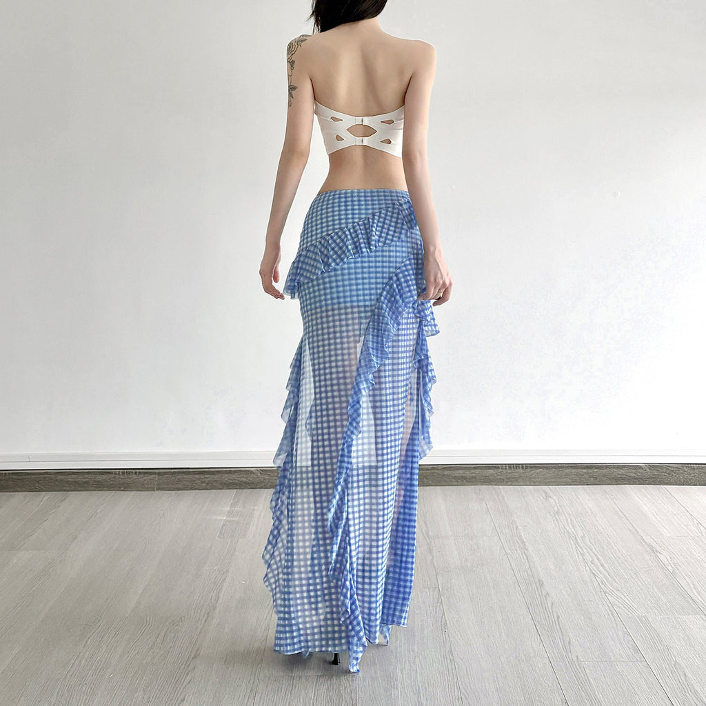 Women's Maxi Skirt with Ruffle Details and Gingham Pattern