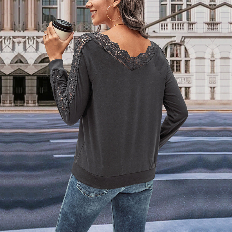 Women's Long Sleeve Blouse with Romantic Lace Trim