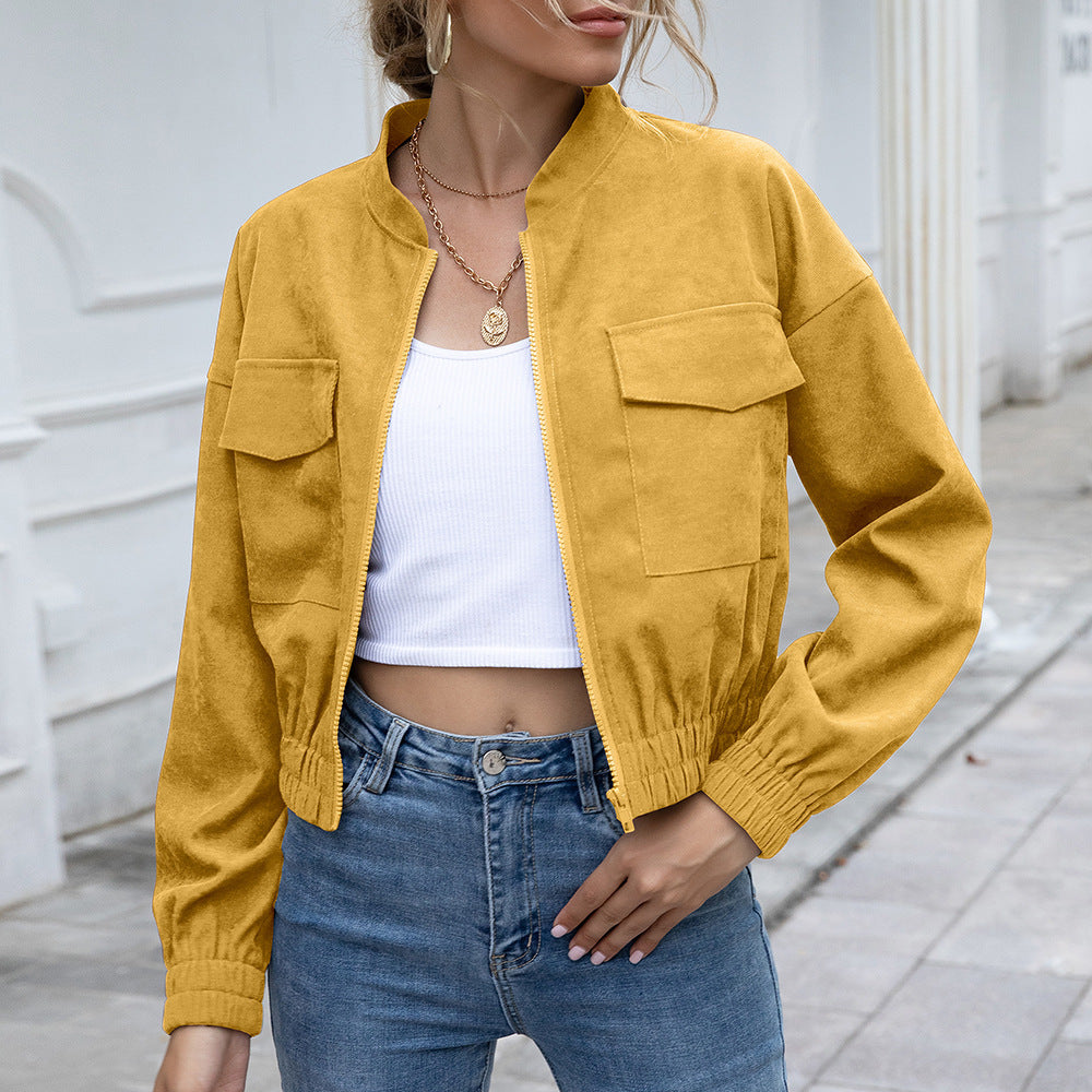 Women's Bomber Jacket with Elastic Waist and Patch Pockets