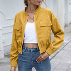 Women's Bomber Jacket with Elastic Waist and Patch Pockets