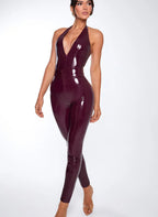 Women's Bodycon Jumpsuit in Glossy Material with Deep V-Neck