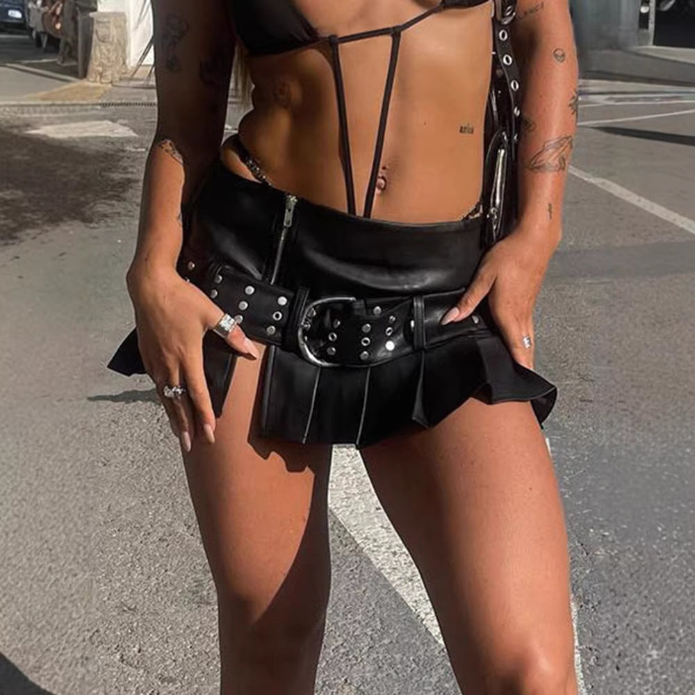 Women's Faux Leather Mini Skirt with Ruffles and Decorative Studs