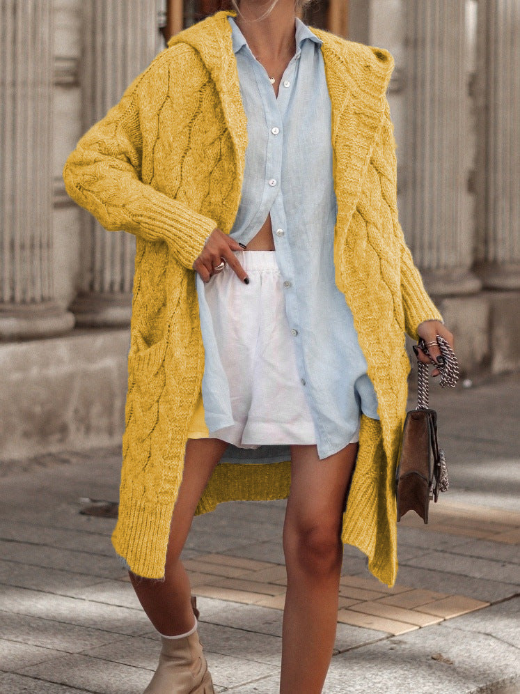 Women's Chunky Knit Cardigan with Open Cut and Hood