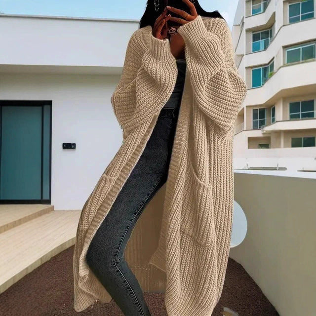 Women's Large Knit Cardigan with Open Sleeves and Cozy Fit