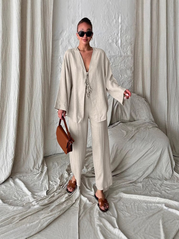 Women's Casual Two-Piece Set with Wide-Cut Top and Comfortable Pants