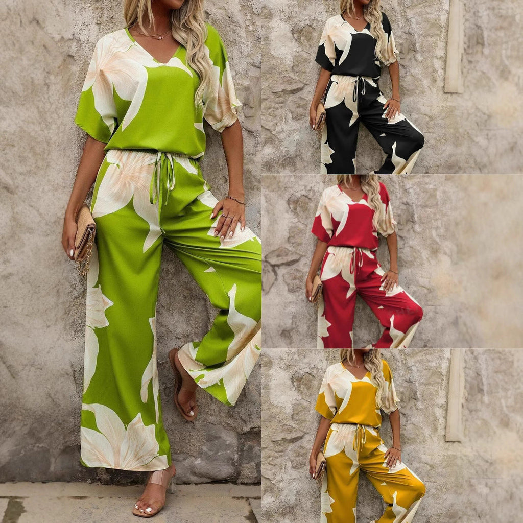 Elegant Women's Jumpsuit with Floral Patterns and Wide Leg