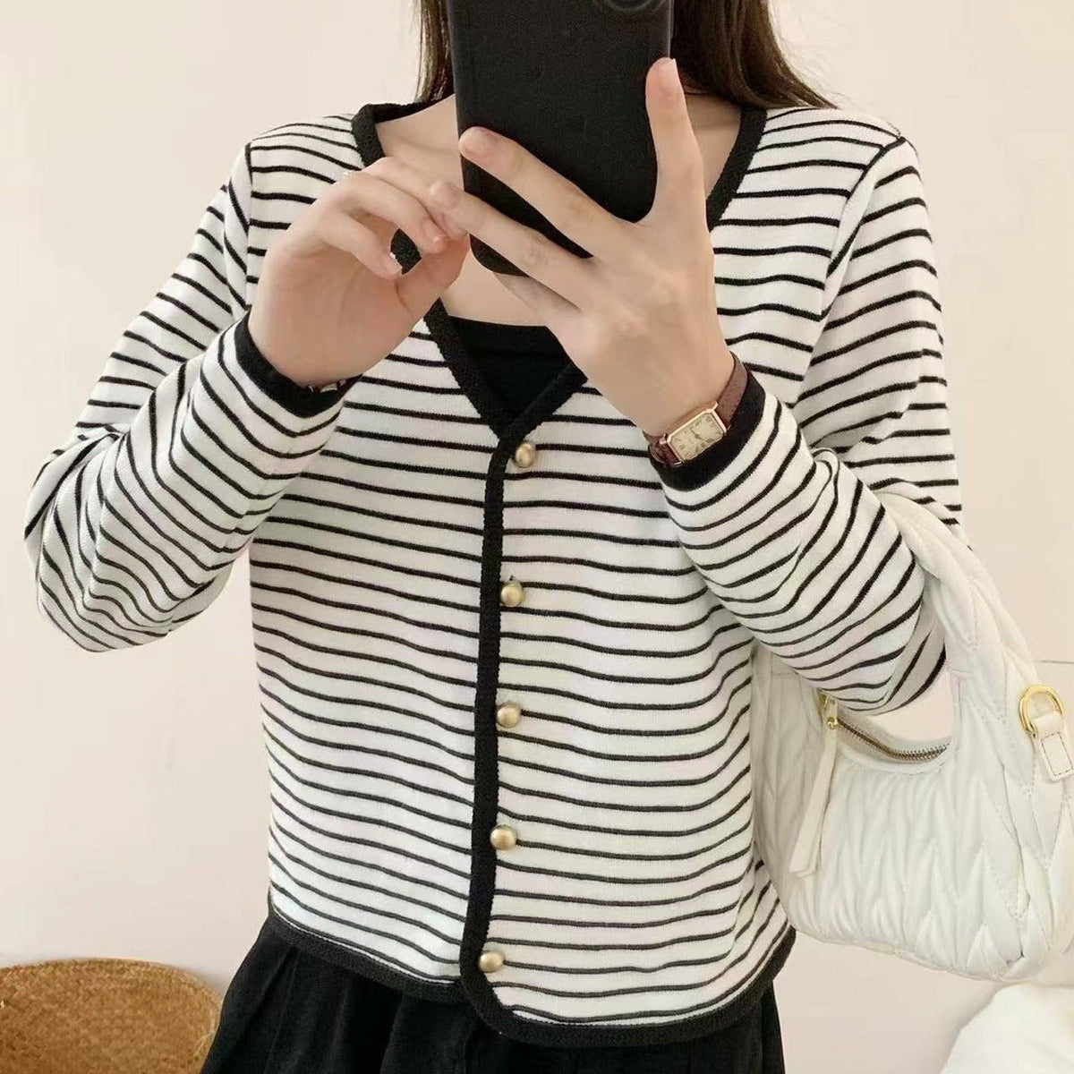Women's Striped Cardigan with Buttons and V-Neck