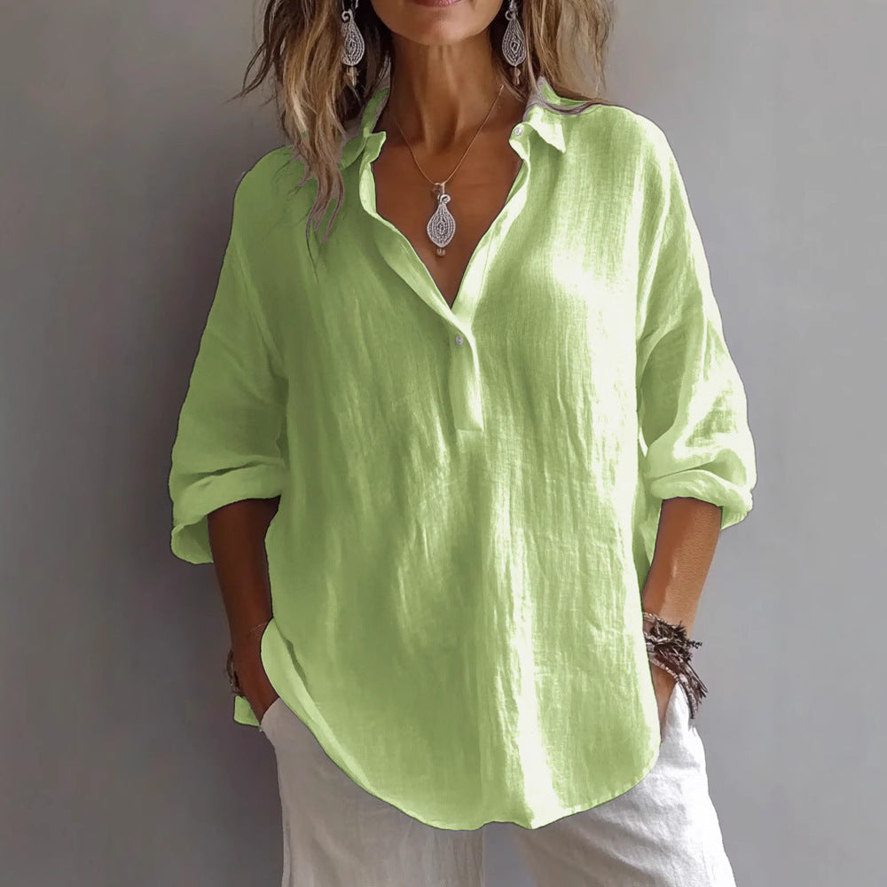Women's Casual Linen Shirt with Button Placket and Wide Sleeves