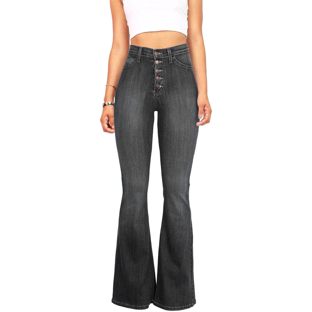 Women's High-Waisted Flared Jeans with Decorative Button Placket
