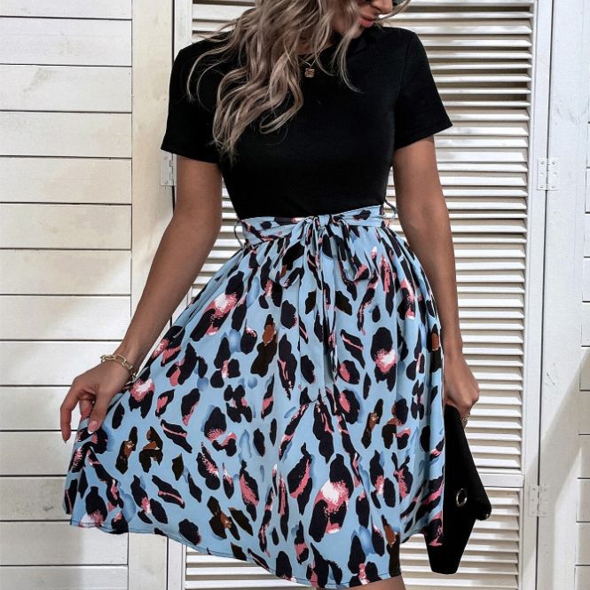 Women's Cocktail Dress with Wrap Waist and Fashionable Leopard Print