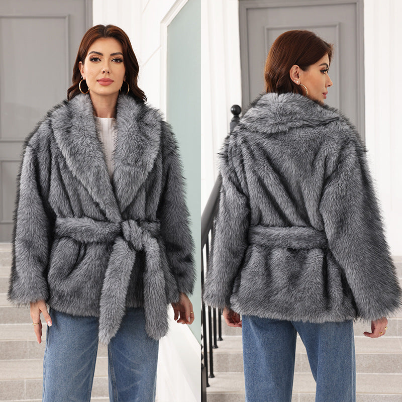 Women's Elegant Faux Fur Coat with Belt and Wide Lapel
