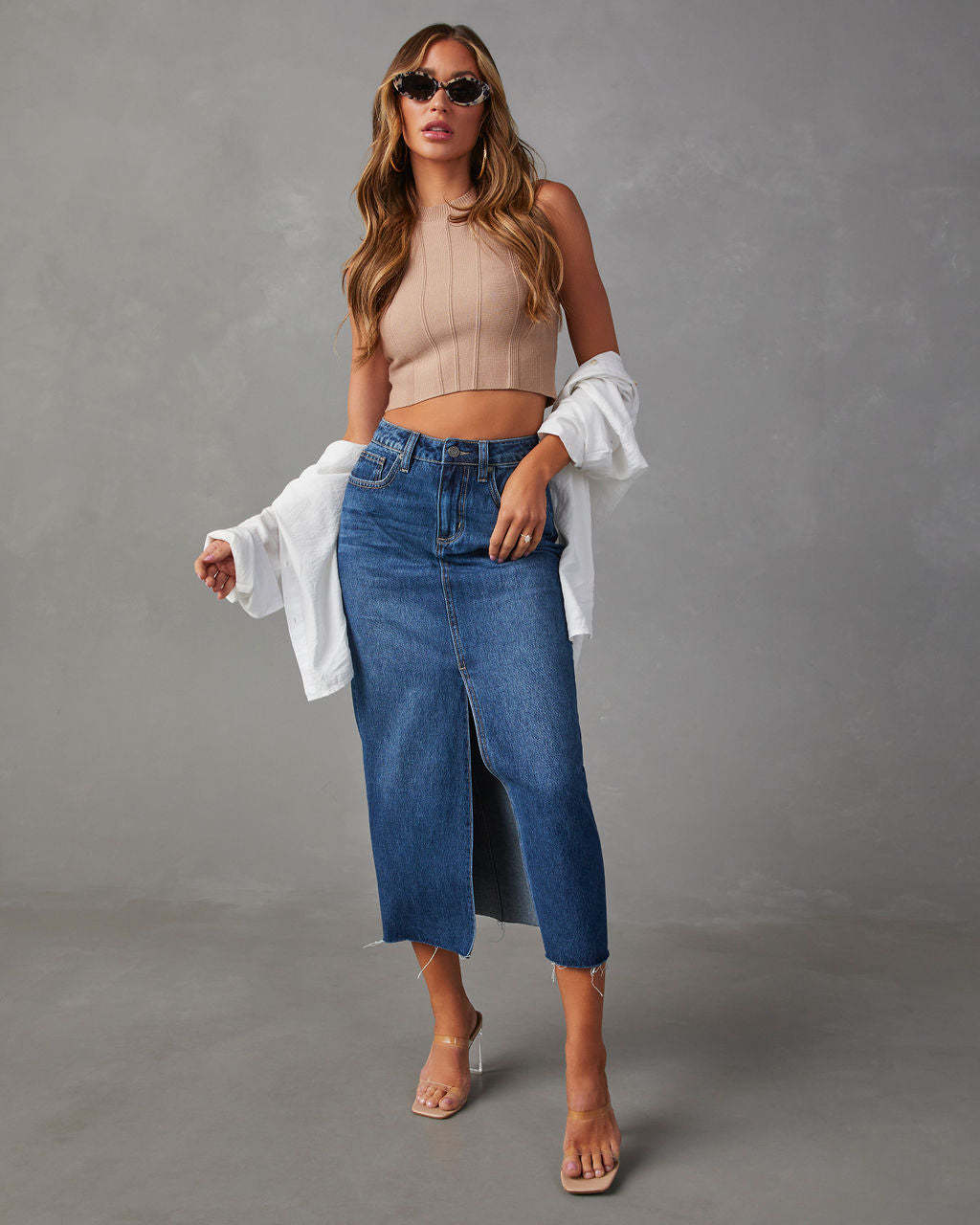 Women's Casual Denim Skirt with Side Slit and Frayed Hem