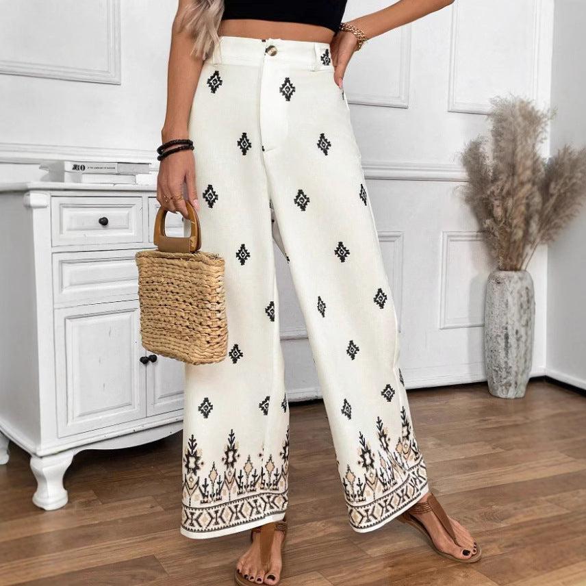 Women's Elegant Loose-Fit Patterned Trousers
