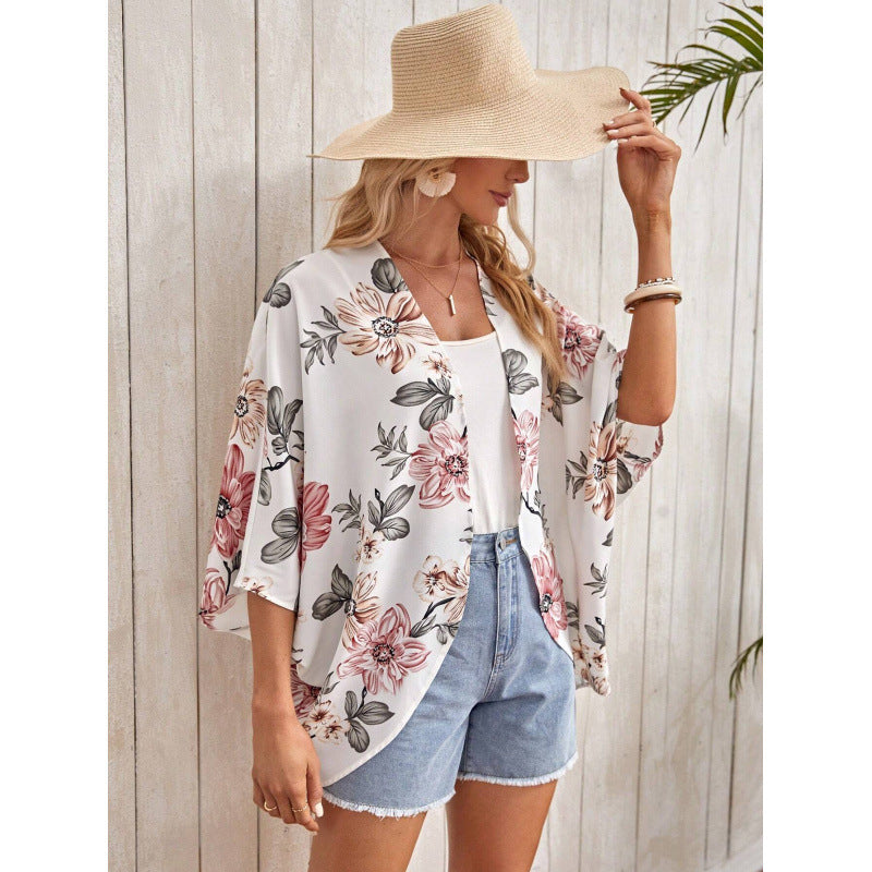 Women's Fashionable Kimono with Floral Design and Wide Sleeves