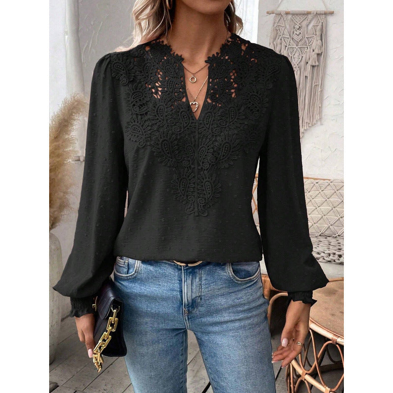 Women's Blouse with Embroidered V-Neck and Long Sleeves