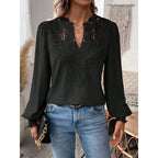 Women's Blouse with Embroidered V-Neck and Long Sleeves