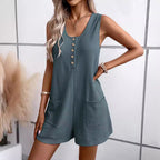 Women's Short-Sleeve Jumpsuit with Button Details and Practical Pockets