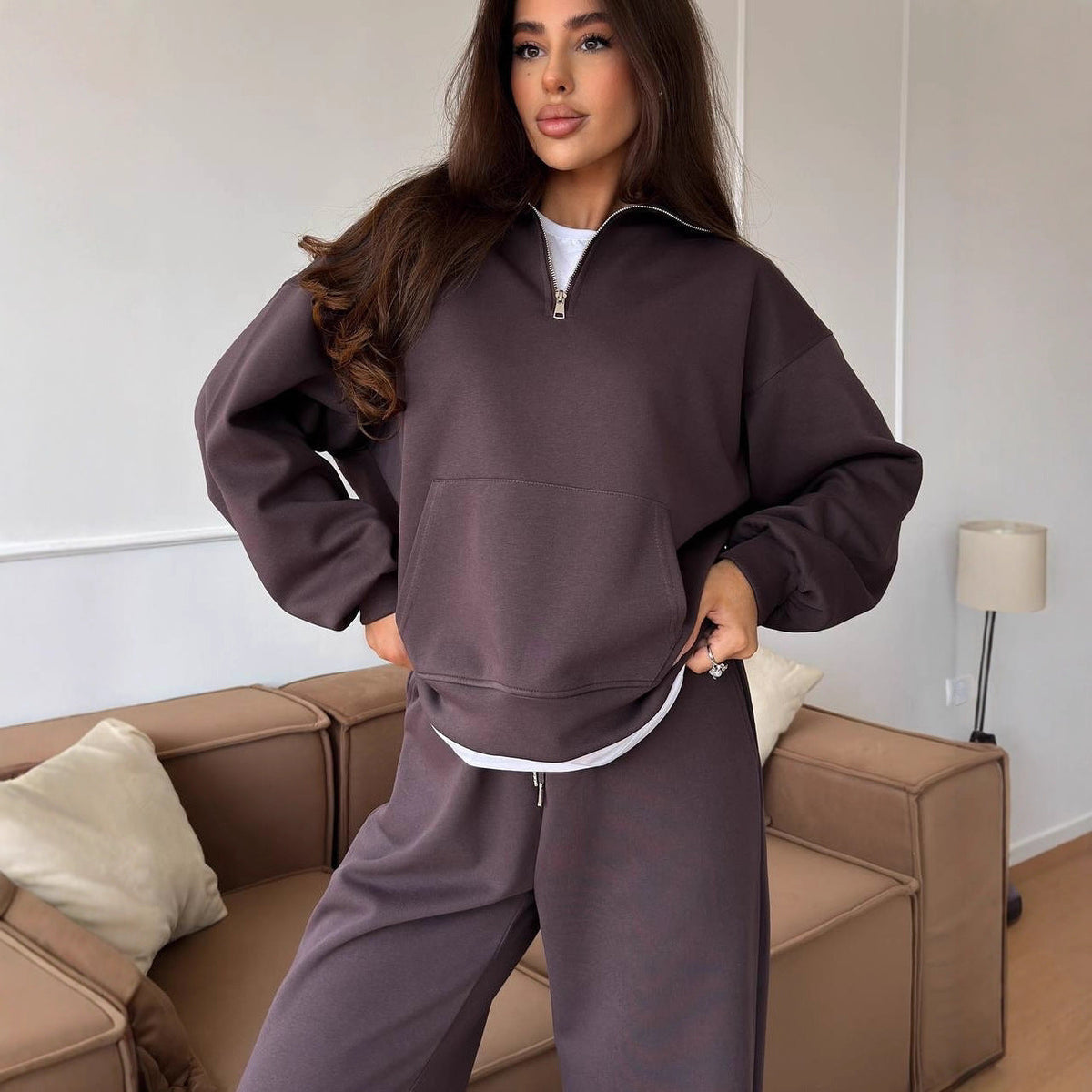 Women's Half-Zip Lounge Set with Hoodie and Wide-Leg Pants