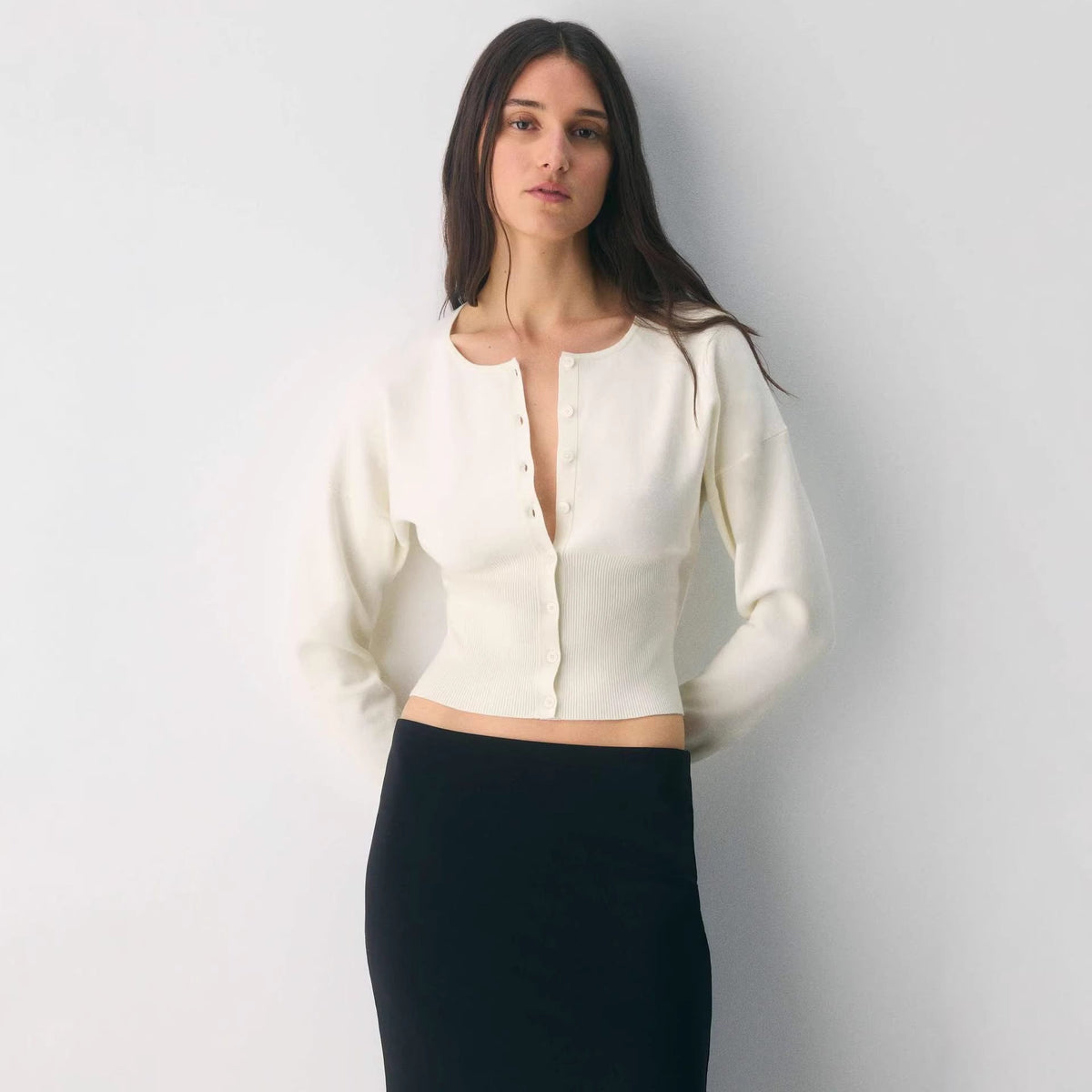 Cropped Ribbed Cardigan with Button Placket