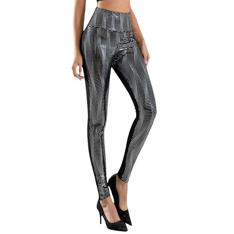 Women's High-Gloss Leggings with Wave Pattern and High Waist