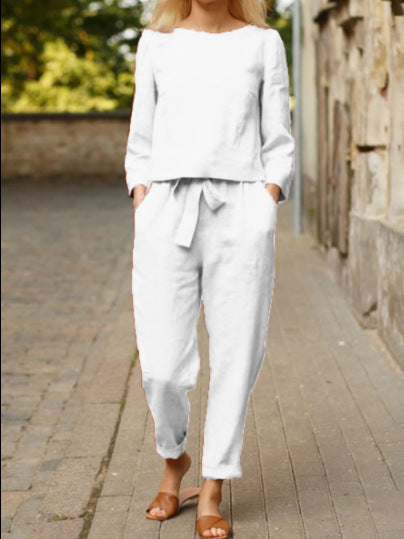 Women's Casual Linen Loungewear Set with Round Neck and Tie Belt