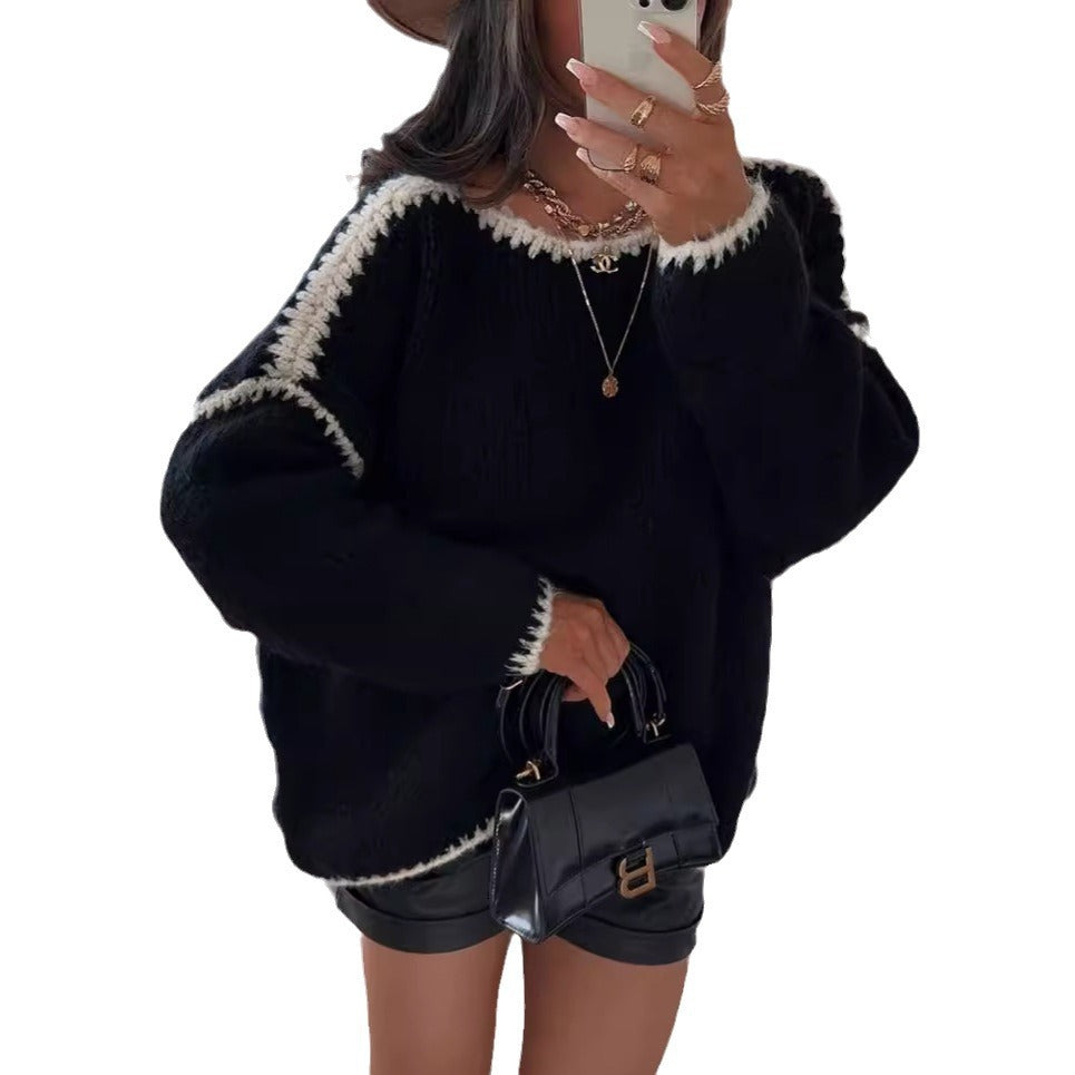 Women's Chunky Knit Sweater with Contrast Trim and Loose Fit